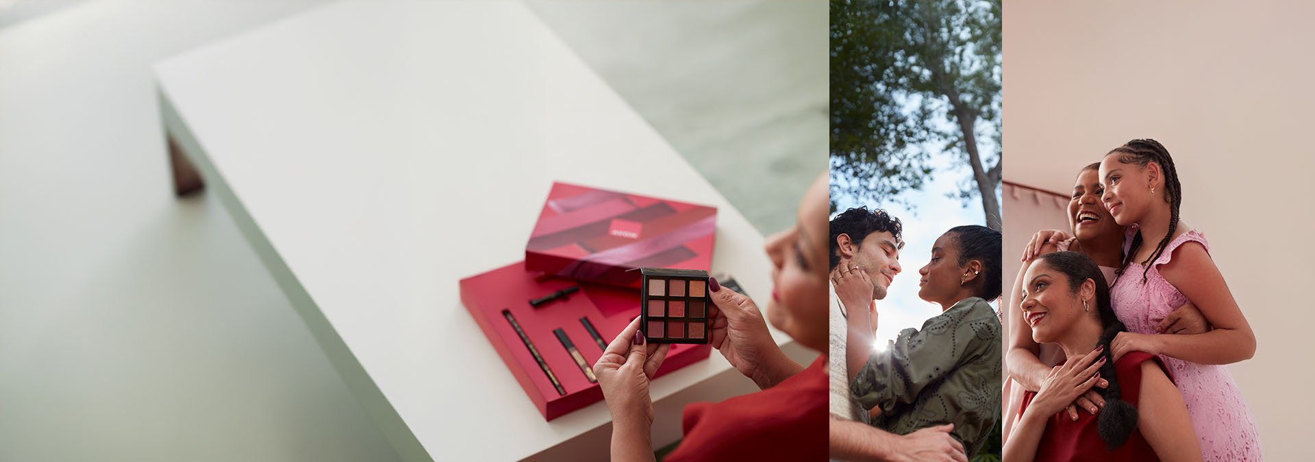 Banner com fundo dividido em três partes. Na primeira, produtos Avon. Na segunda e terceira, momentos de celebração e carinho. Texto:  "encontre presentes para todos com composições exclusivas Avon."