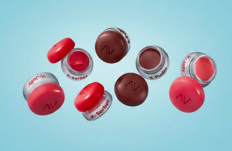 Pequenos potes de maquiagem labial flutuando sobre um fundo azul-claro vibrante. Os potes têm bases transparentes e tampas arredondadas e coloridas com o logotipo “AV” gravado. Entre as embalagens abertas e fechadas, destacam-se diferentes tonalidades e acabamentos do produto, com nomes gravados em vermelho na lateral de vidro, como “K-Jelly” em tom rosa-claro, “K-Sorbet” em tom vermelho vibrante e “K-Pudim” em tom marrom-avermelhado.