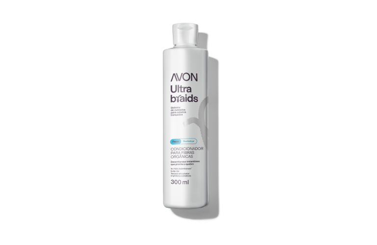 Frasco do Condicionador para Fibras Orgânicas Avon Ultra Braids de 300ml sobre fundo branco.