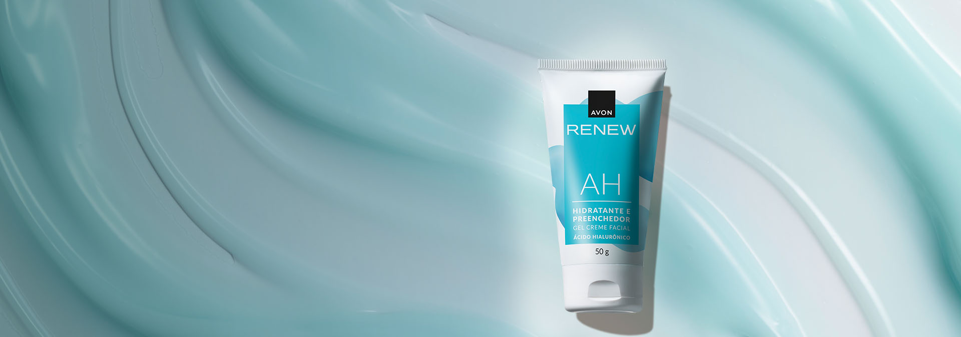 Banner com fundo azul suave e texturizado, apresenta o produto Renew: gel creme facial hidratante com ácido hialurônico. Destaca cuidados diários que reduzem os sinais e promovem hidratação intensa.