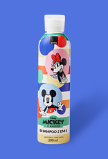 Embalagem branca decorada com tampa branca de Avon Shampoo e Condicionador 2 em 1, coleção Disney Mickey e Amigos, em fundo azul.