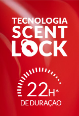 Selo "Tecnologia Scent Lock" e selo "22h de duração", em branco, sobre fundo vermelho.