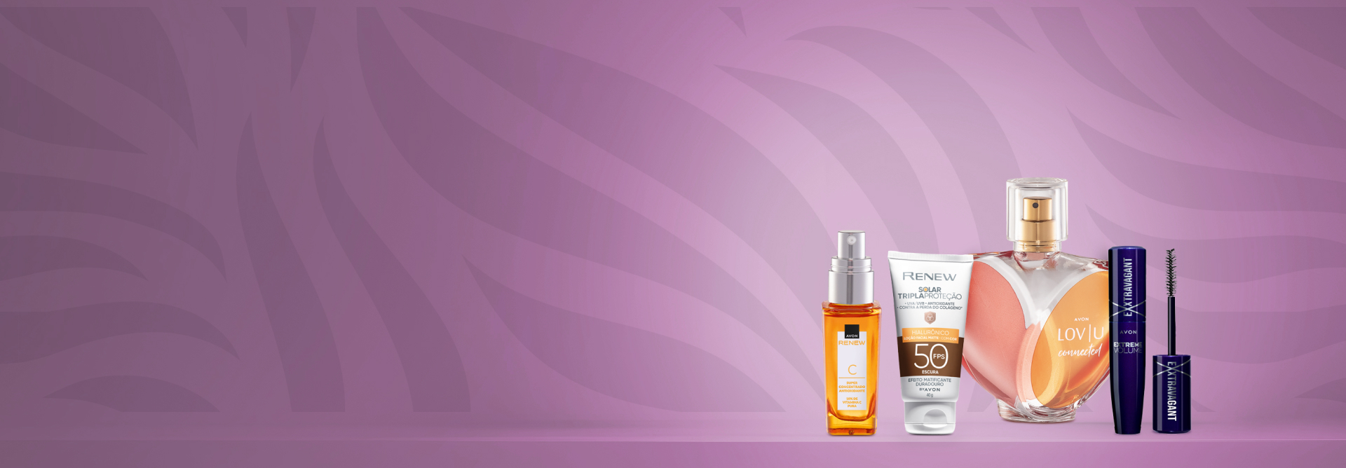 Produtos Avon sobre bancada roxa e fundo com formas em tons de roxo.