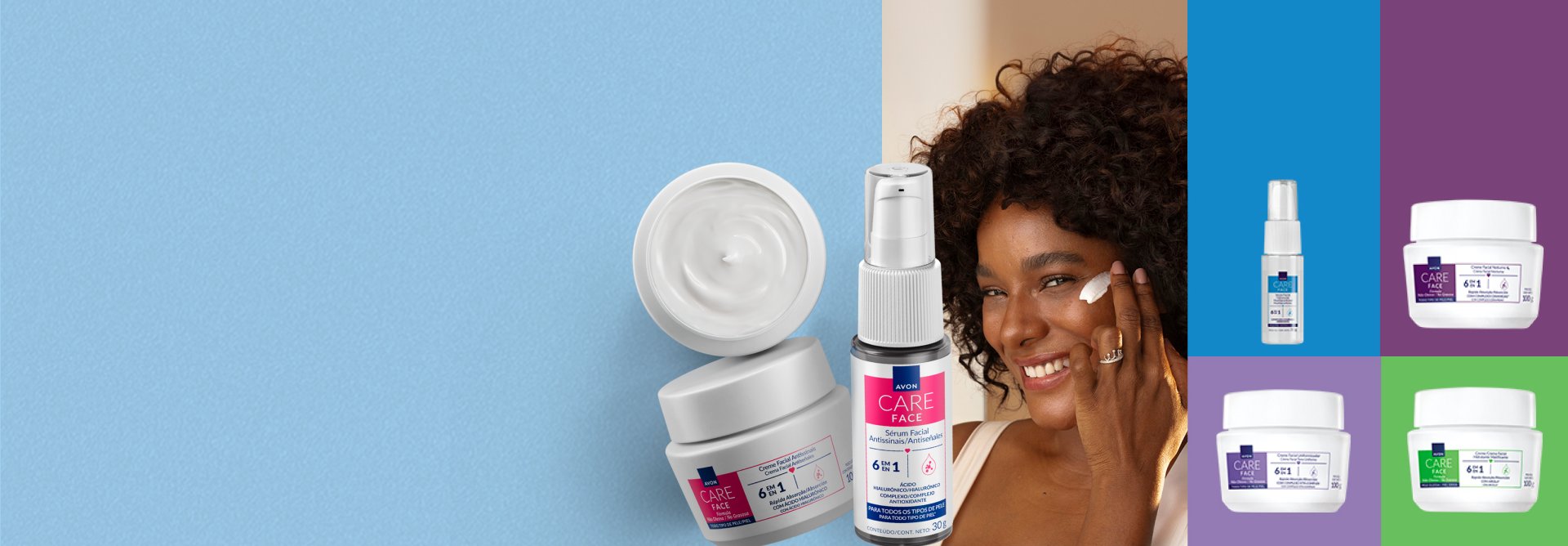 Mulher negra de cabelo cacheado sorri e passa creme no rosto. Ao redor dela, frascos de Creme Facial e de Sérum Facial da linha Avon Care. Completa a imagem um coração branco com textura cremosa.