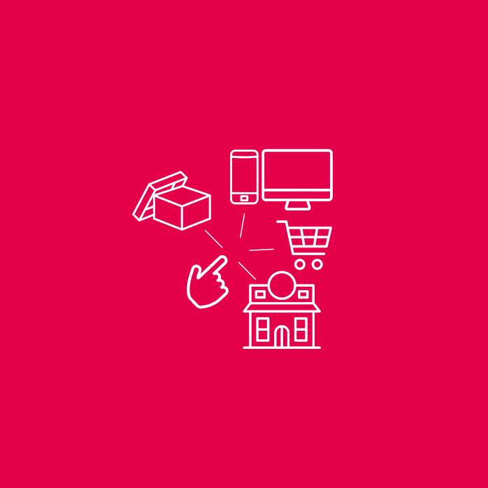 Imagem com fundo vermelho mostra ícones brancos minimalistas de carrinhos de compras, smartphone e computador, uma loja física, uma caixa de produto aberta e uma mão apontando, indicando a ação de escolha do consumidor.