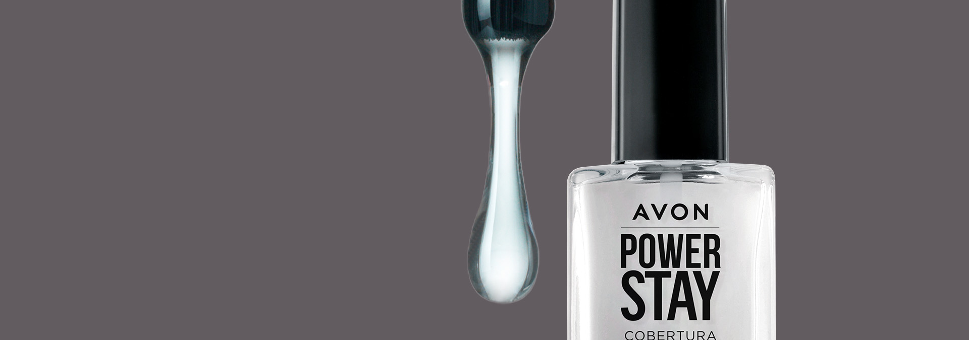 Banner com fundo em tons neutros, apresentando o esmalte Avon Power Stay com um pincel e gotas do produto. O texto destaca "Cobertura brilhante" e sugere durabilidade e beleza em cada aplicação.