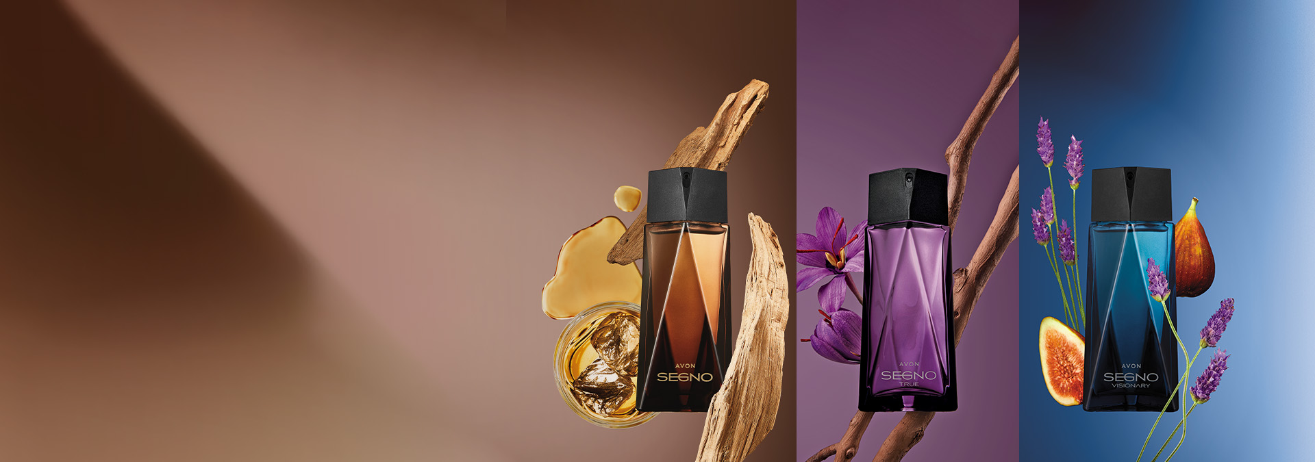 Banner com fundo dividido em tons de marrom, roxo e azul. Elementos incluem três frascos de perfume masculino Avon Segno com detalhes de madeira, flores e frutas. Texto: "Mais presentes, mais emoção."