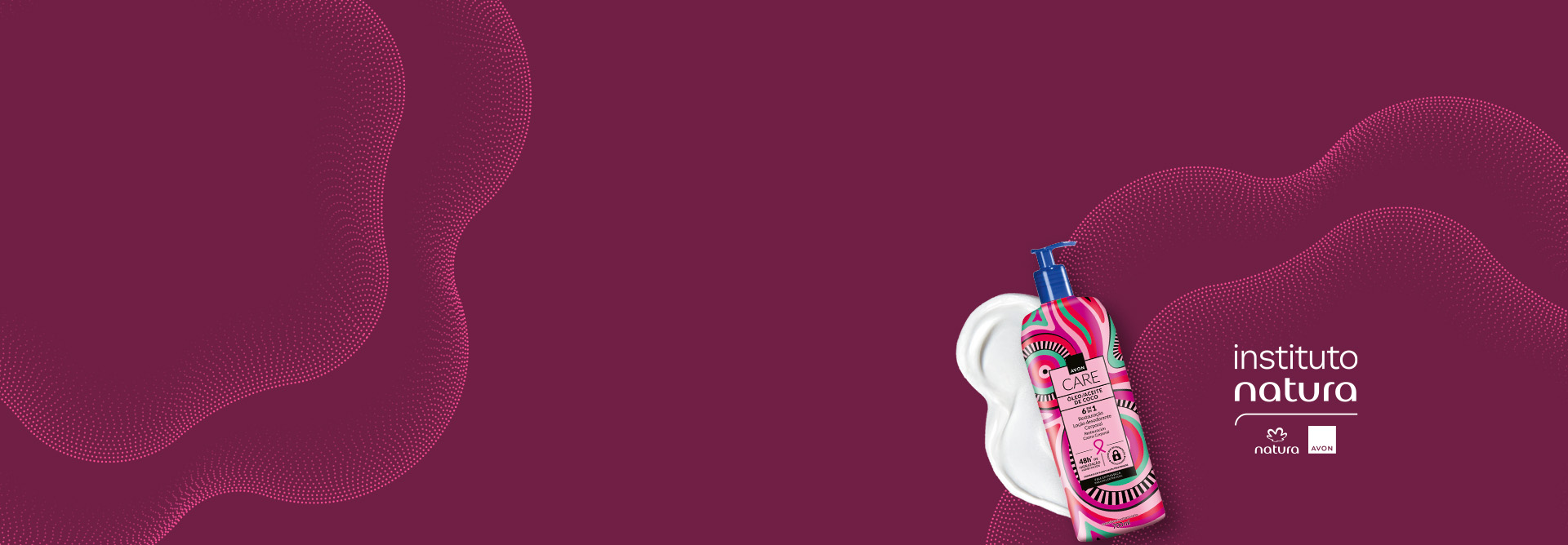 Avon Care Óleo de Coco Loção Decorada Corporal, com textura do produto, em fundo rosa com grafismos também em rosa e a logo do Instituto Natura. 