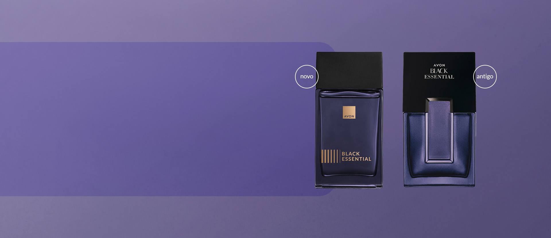Fragrâncias Black Essential, com selos "novo" e "antigo", em fundo azul.
