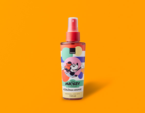 Frasco estampado com tampa vermelha de Avon Colônia Minnie, coleção Disney Mickey e Amigos, em fundo amarelo.