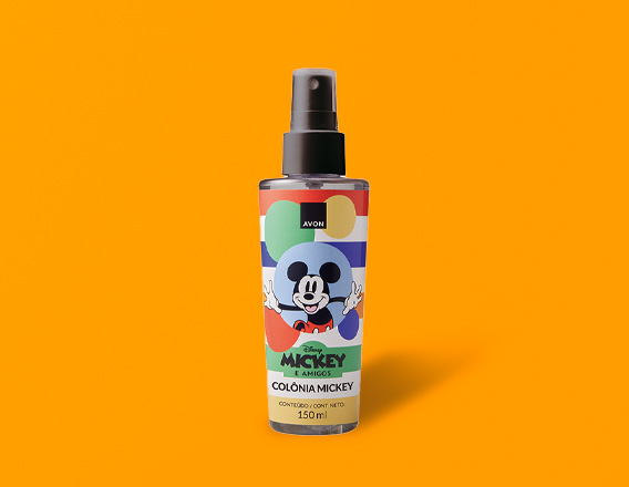 Frasco estampado com tampa preta de Avon Colônia Mickey, coleção Disney Mickey e Amigos, em fundo amarelo. 