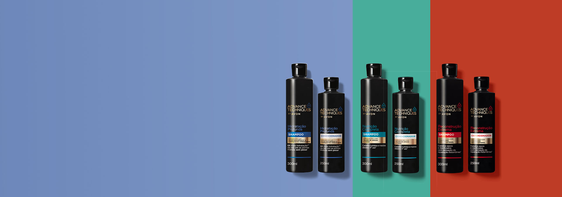 Banner com fundo dividido em azul, verde e vermelho. Produtos Avon Advance Techniques alinhados: shampoos e condicionadores. Texto: "Tipos de cuidados, realce a beleza dos seus cabelos."