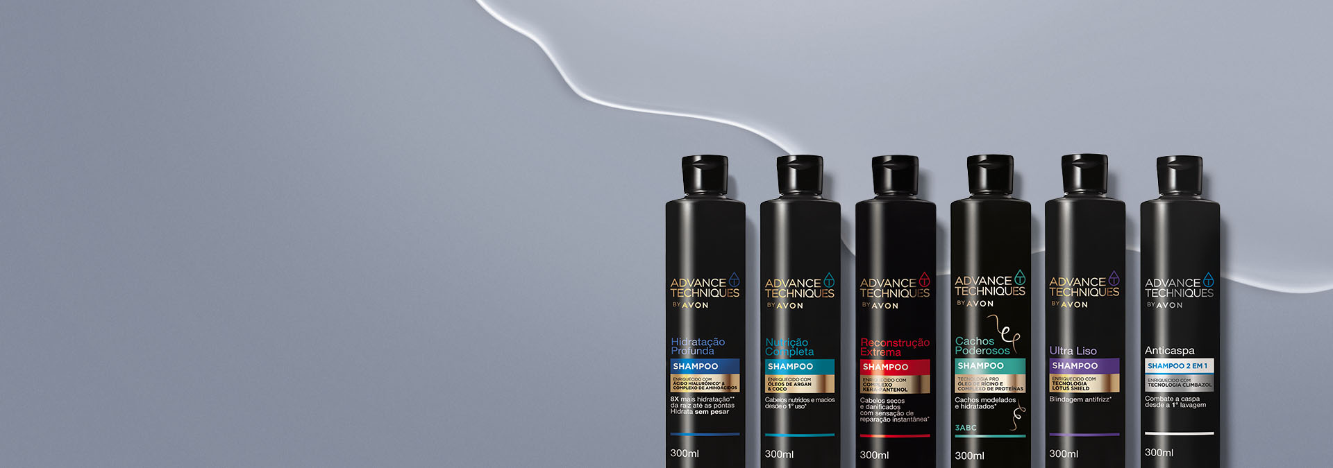 Banner em fundo cinza claro. Em destaque, seis frascos de shampoo, cada um com diferentes propriedades. Texto: "Ame seus cabelos! Nossos shampoos ajudam a conquistar fios saudáveis e cheios de vida."