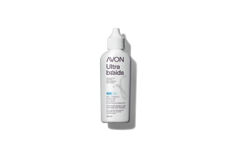 Frasco do Gel Tônico Capilar Alívio e Fortalecimento Avon Ultra Braids de 50ml sobre fundo branco.