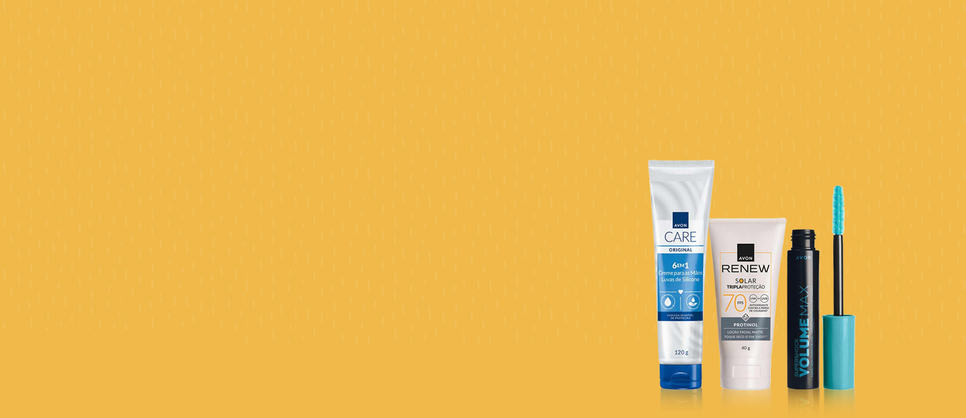 Produtos Avon em fundo amarelo. 