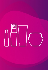 Em fundo em tons de rosa e roxo, ilustrações de silhuetas de produtos Avon: batom, frasco com válvula, bisnaga e pote.