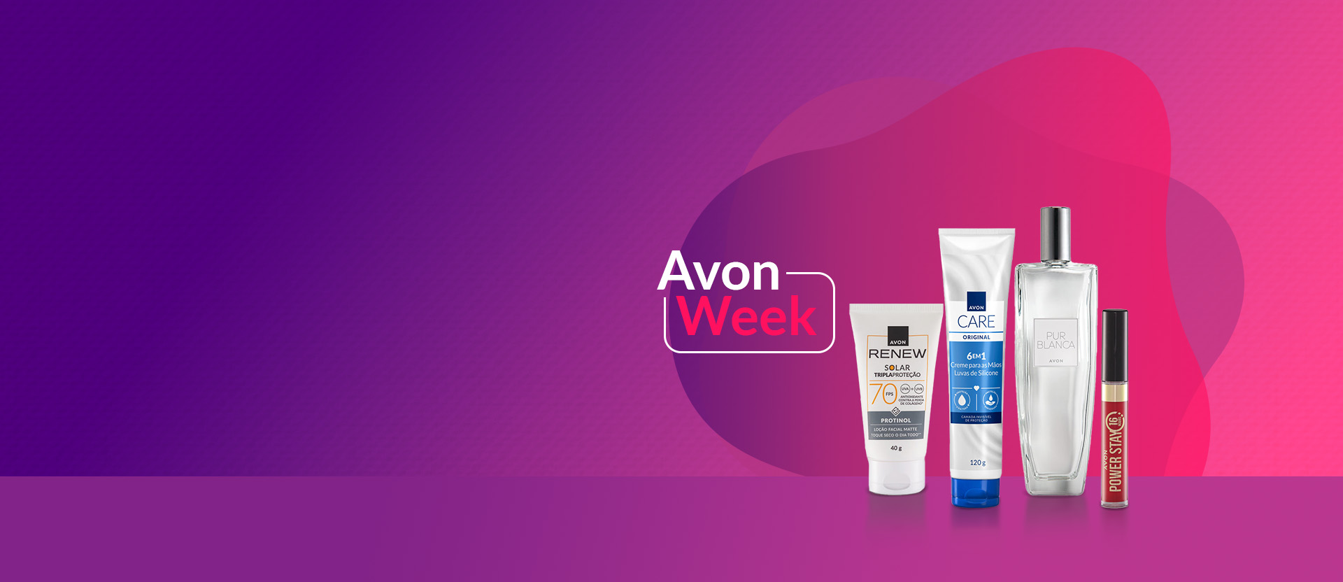 Em fundo em tons de roxo e rosa, selo Avon Week, bisnaga branca Solar Renew, bisnaga branca com tampa azul Luvas de Silicone, frasco branco com tampa prata da fragrância Pur Blanca e embalagem de batom Power Stay.