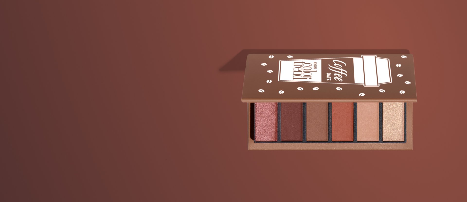 Paleta de Sombras com 6 tons de marrom da linha Avon Color Trend Coffee Date. Fundo marrom.