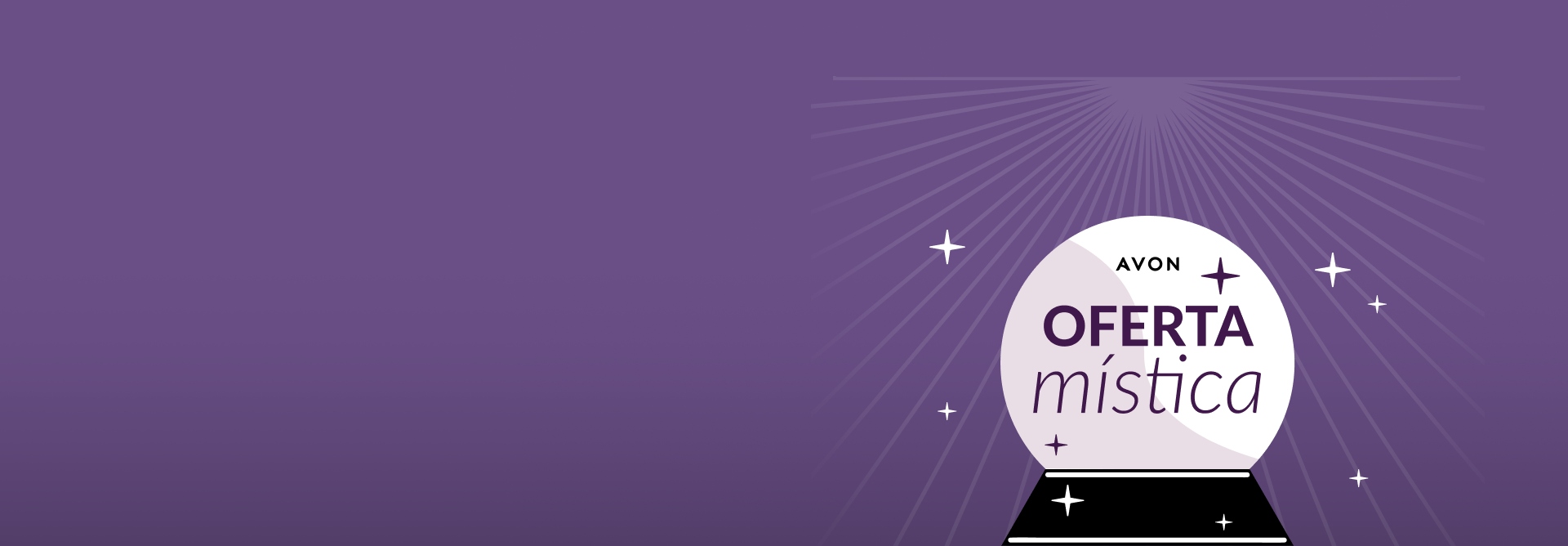 Imagem com fundo roxo, ao lado direito uma bola de cristal iluminada com a frase “Oferta Mística” e algumas estrelas.