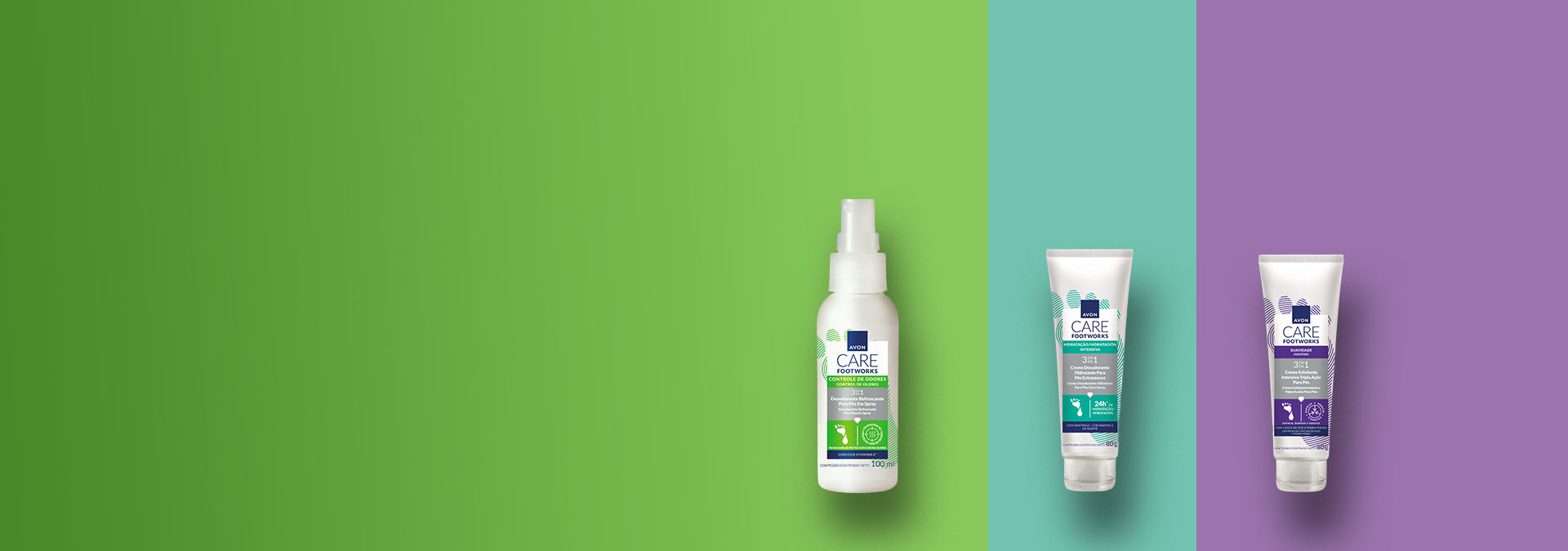 Banner com fundo em gradiente verde, azul e roxo. Elementos incluem produtos para cuidados dos pés da Avon. Os itens promovem pés saudáveis e macios. Texto: "Cuide dos seus pés todos os dias!