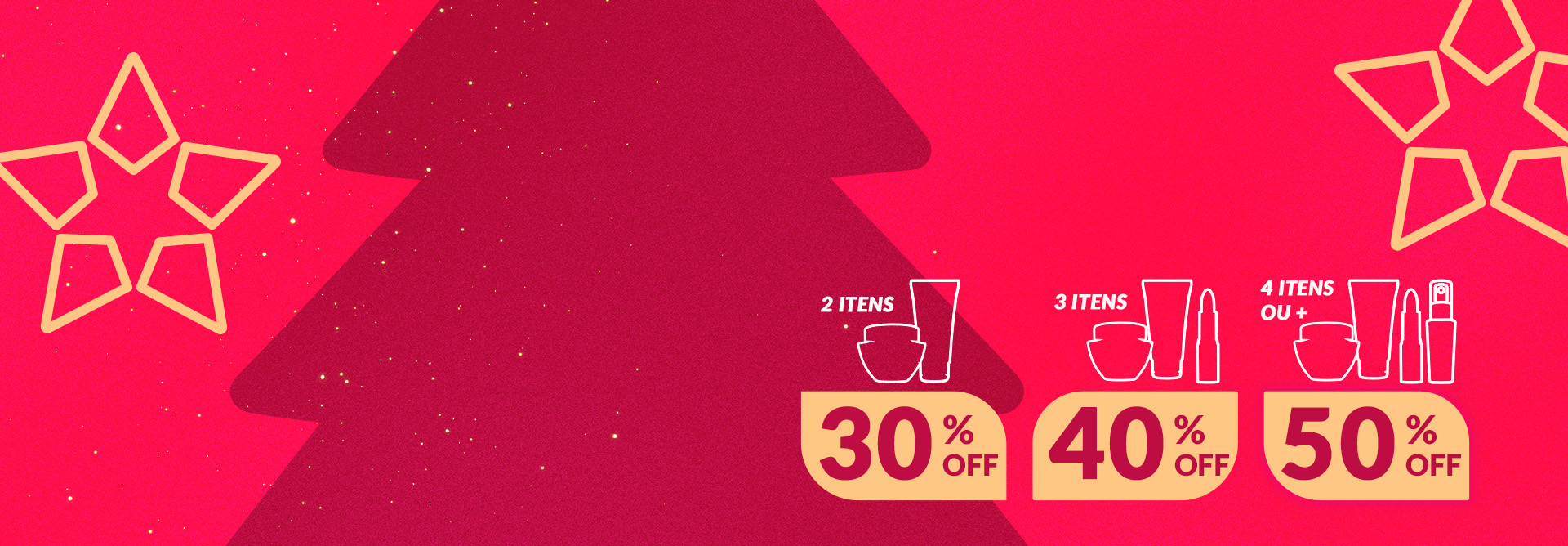 Ilustrações de produtos Avon, com o texto: 2 itens com 30% OFF, 3 itens com 40% OFF, 4 itens ou + com 50% OFF. Fundo em tons de vermelho com silhueta de árvore natalina e estrelas bege.