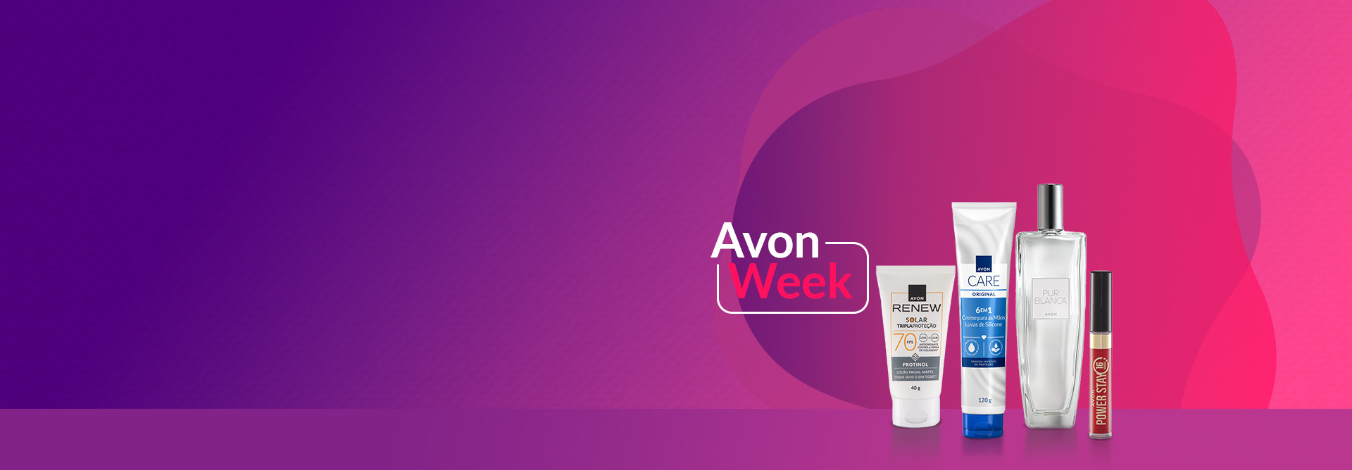 Em fundo em tons de roxo e rosa, selo Avon Week, bisnaga branca Solar Renew, bisnaga branca com tampa azul Luvas de Silicone, frasco branco com tampa prata da fragrância Pur Blanca e embalagem de batom Power Stay.