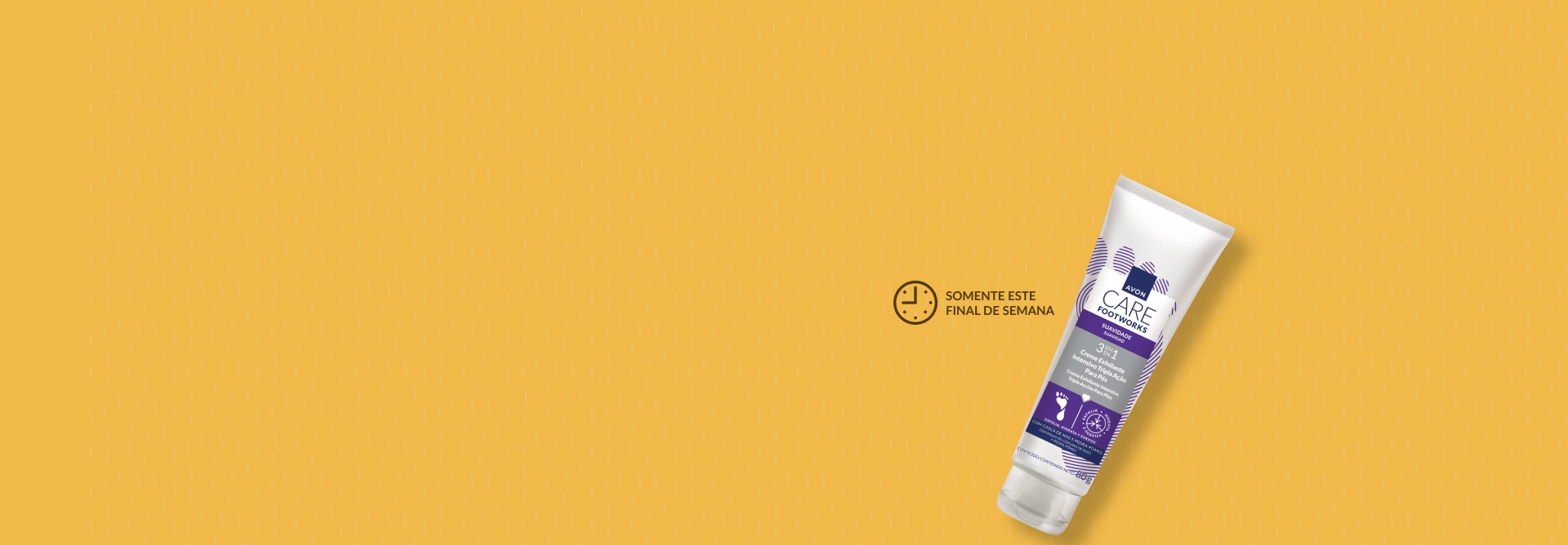 Produto Avon em fundo amarelo com o selo “Somente este final de semana” e a ilustração de um relógio ao lado dos itens.