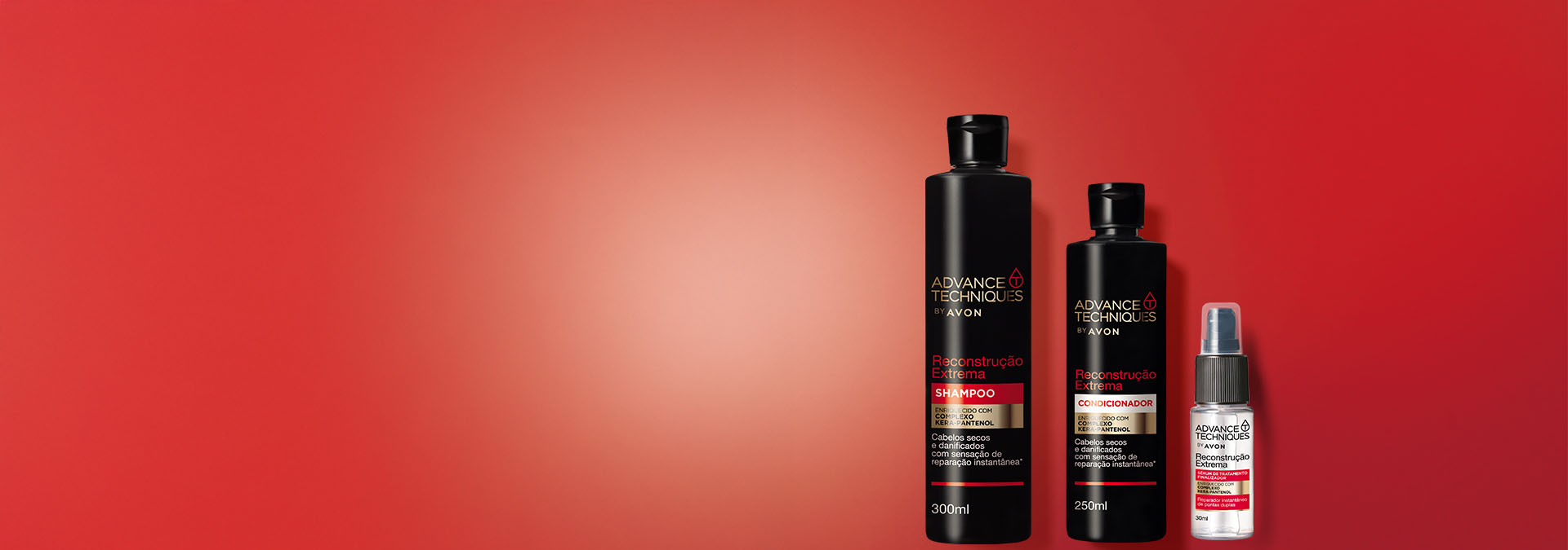 Banner em fundo vermelho. Em destaque, três produtos da linha Advance Techniques: shampoo, condicionador e um finalizador. Texto: "Para cabelos danificados! Força, brilho e vitalidade com Avon."