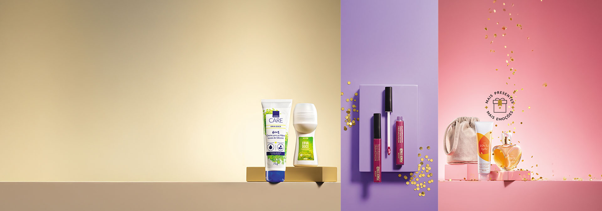 Banner com fundo dividido em dourado, lilás e rosa. Elementos incluem produtos Avon: creme, desodorante, batons líquidos e perfume com nécessaire. Texto: "Faixa de preço: presentes para todos."