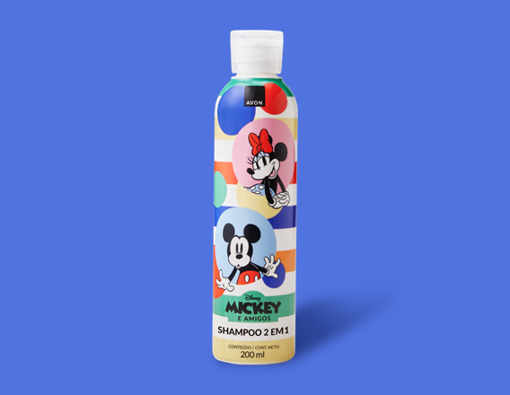 Embalagem branca decorada com tampa branca de Avon Shampoo e Condicionador 2 em 1, coleção Disney Mickey e Amigos, em fundo azul.