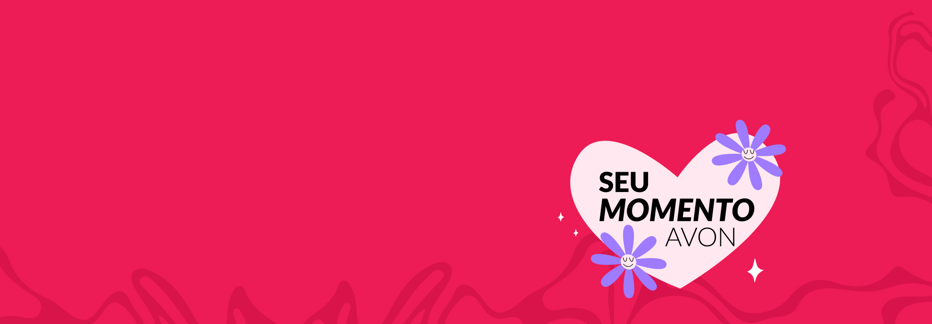Ilustração com coração rosa-claro, flores roxas sorridentes e a frase 'Seu Momento Avon' em destaque, sobre fundo rosa com formas orgânicas.
