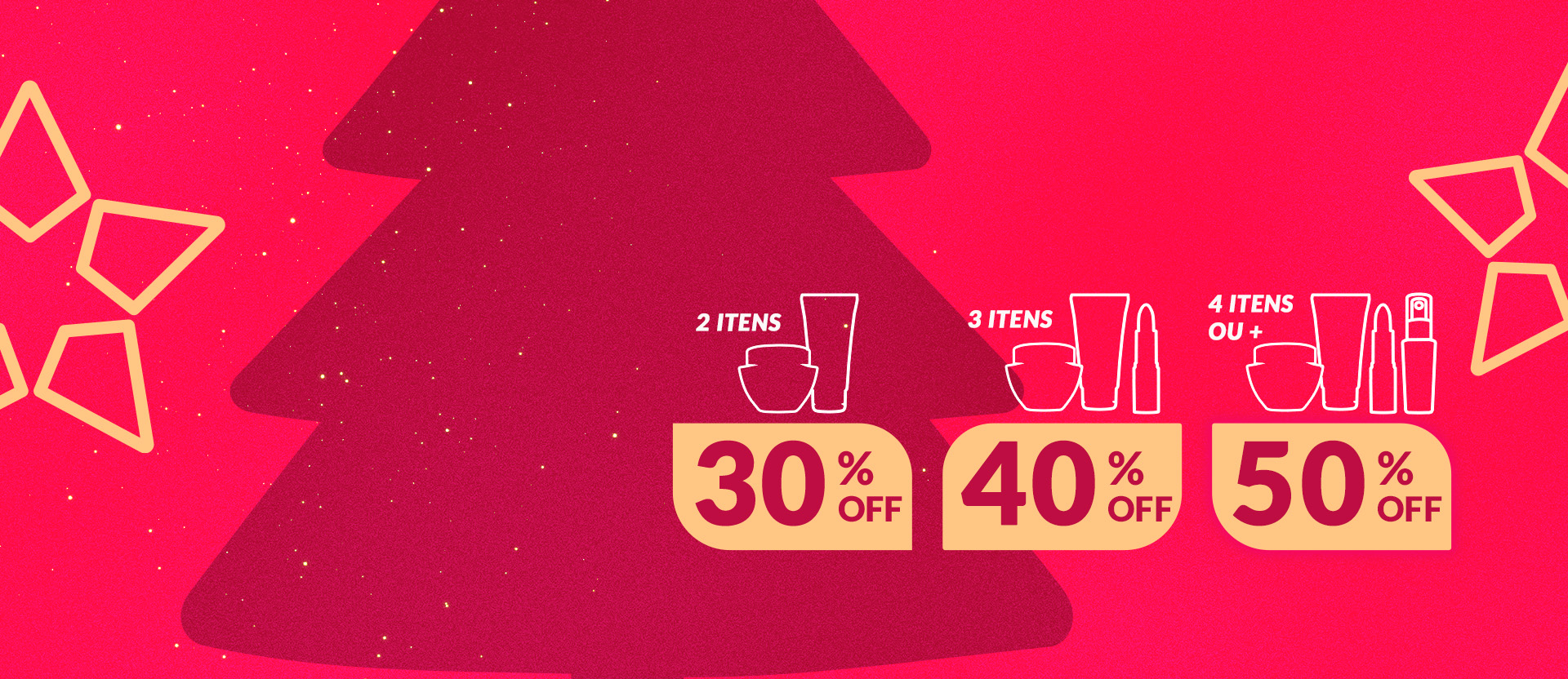 Ilustrações de produtos Avon, com o texto: 2 itens com 30% OFF, 3 itens com 40% OFF, 4 itens ou + com 50% OFF. Fundo em tons de vermelho com silhueta de árvore natalina e estrelas bege.