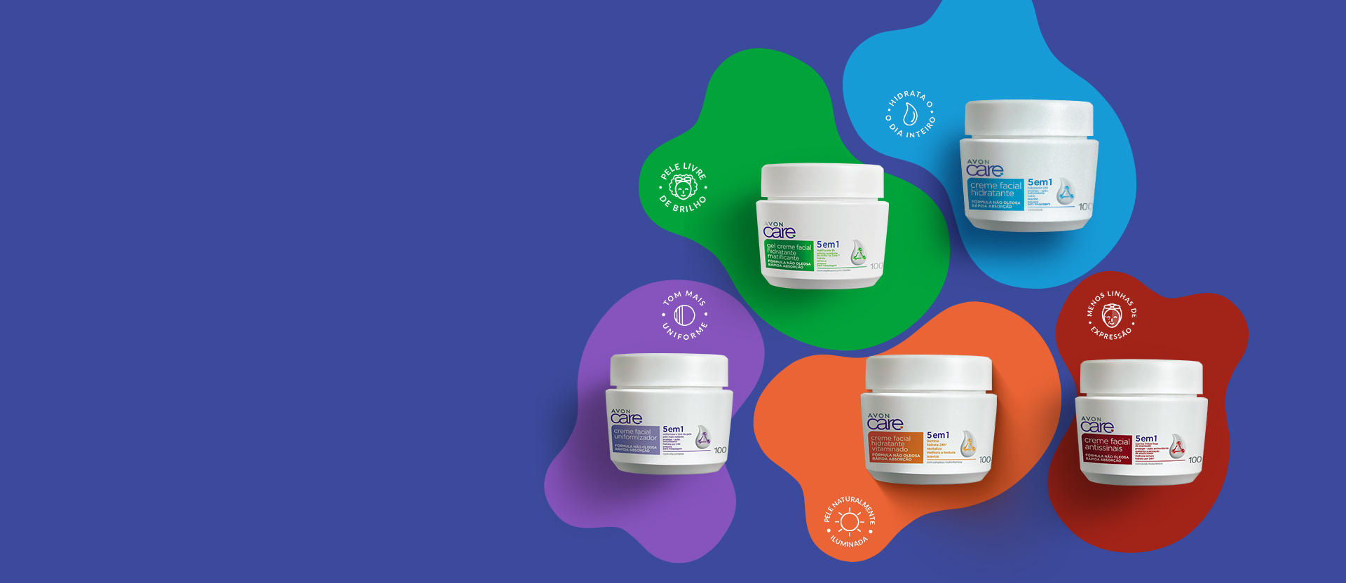 Banner com fundo azul e formas orgânicas coloridas. Elementos incluem ícones de benefícios. Produtos: cremes faciais em embalagens brancas. Texto: "Hidratação multi que entrega tudo! Quero conhecer."