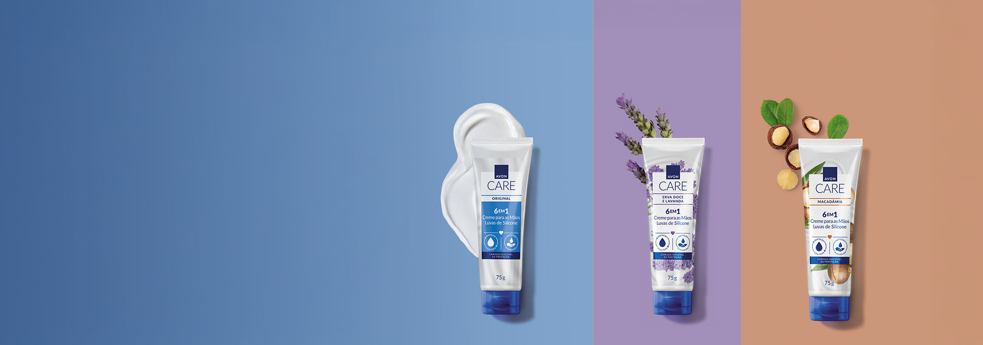 Banner com fundo em azul, lilás e bege. Apresenta três cremes para as mãos da linha Avon Care, em embalagens diferentes. Texto: "Creme para as mãos, hidratação e proteção em cada momento do dia."