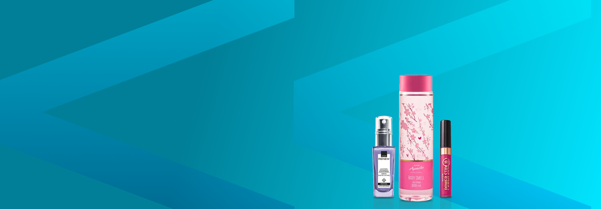 Produtos Avon em fundo azul claro