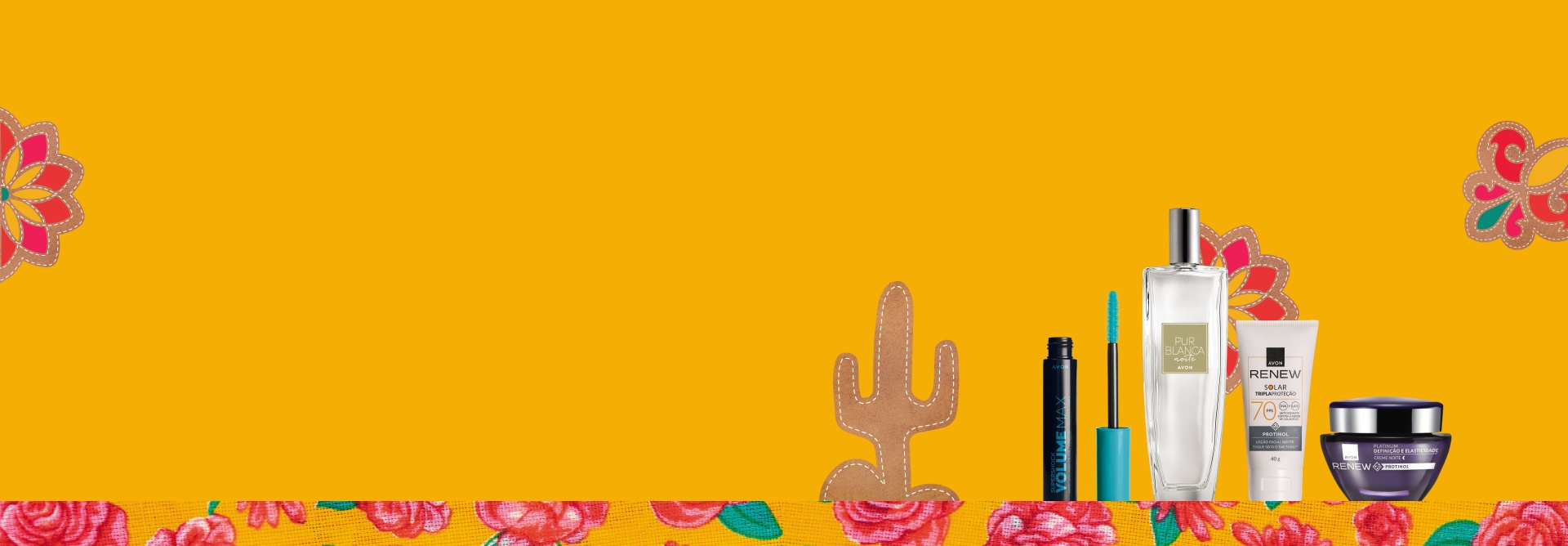 Produtos Avon em fundo amarelo com ilustrações de flores e cacto e moldura de tecido de chita.