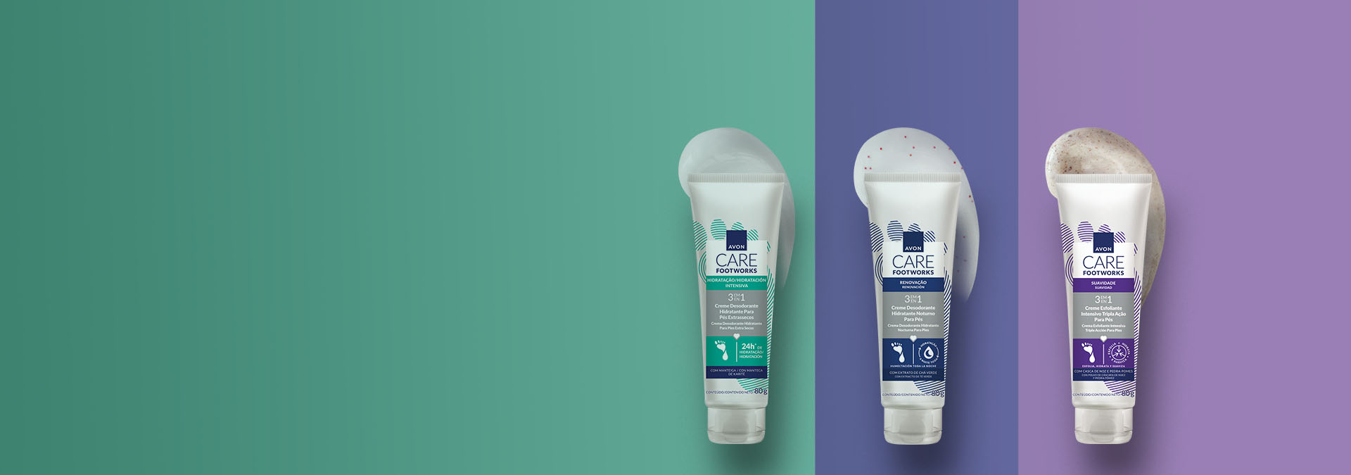 Banner com fundo dividido em verde e roxo. Elementos como creme branco ao fundo. Produtos: três cremes Avon Care Footworks. Texto: "Creme para os pés. Pés macios e saudáveis todos os dias!"