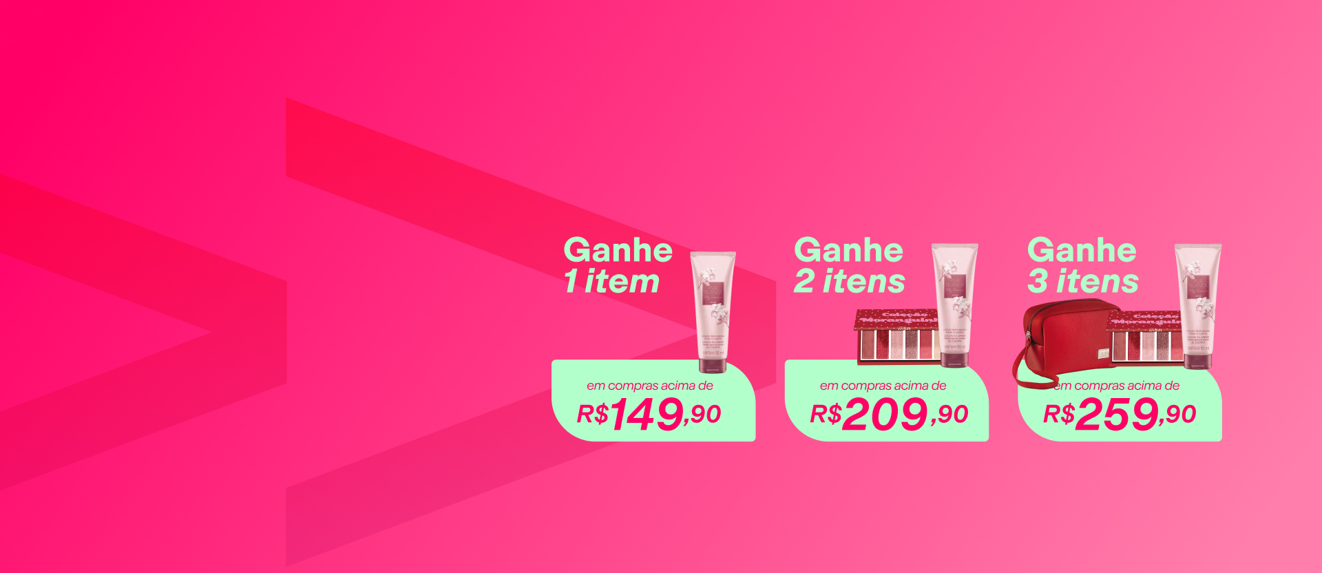Itens Avon com o texto: Brinde Progressivo. Ganhe 1 item em compras acima de R$ 149,90. Ganhe 2 itens em compras acima de R$ 209,90. Ganhe 3 itens em compras acima de R$ 259,90. Fundo rosa com grafismos.