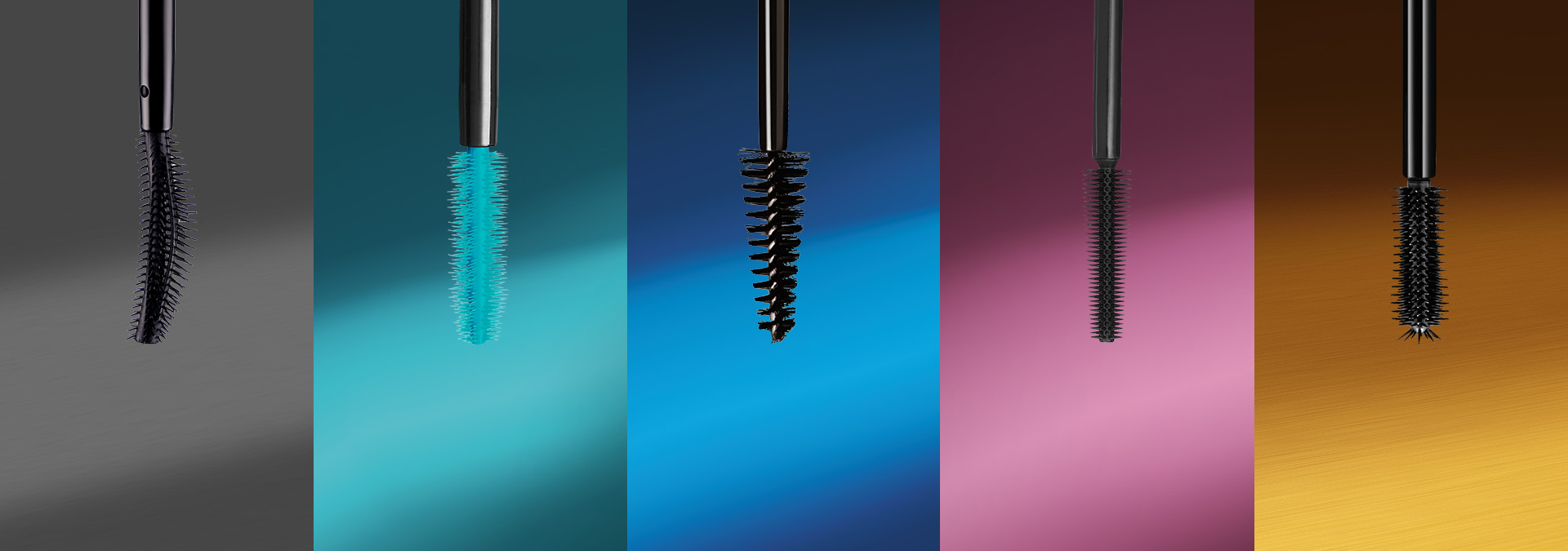 Banner com fundo colorido em degradê, apresentando diferentes máscaras para cílios com aplicadores variados. O texto sugere volume e definição para um olhar irresistível.