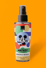 Frasco estampado com tampa preta de Avon Colônia Mickey, coleção Disney Mickey e Amigos, em fundo amarelo. 
