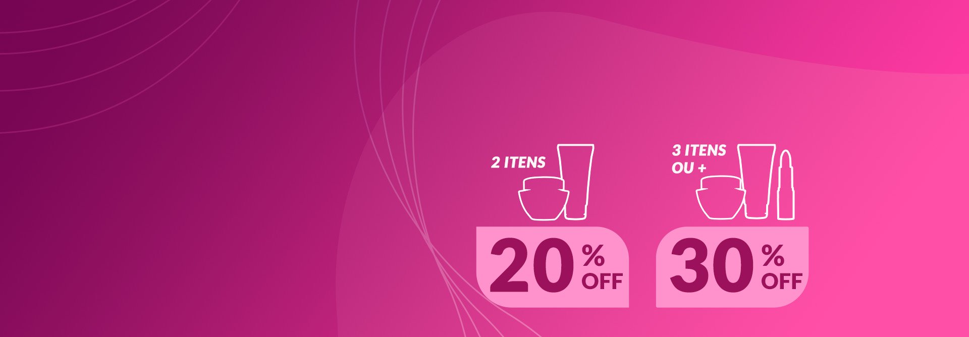 Silhuetas Avon pote, bisnaga e batom, com o texto: 2 itens com 20% OFF. 3 itens ou mais com 30% OFF. Fundo com elementos gráficos em tons de rosa.