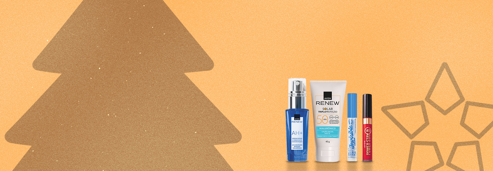 Embalagens de Renew Concentrado, Renew Solar, Máscara Incolor e Batom Power Stay. Fundo em tons de dourado com árvore natalina e estrelas.