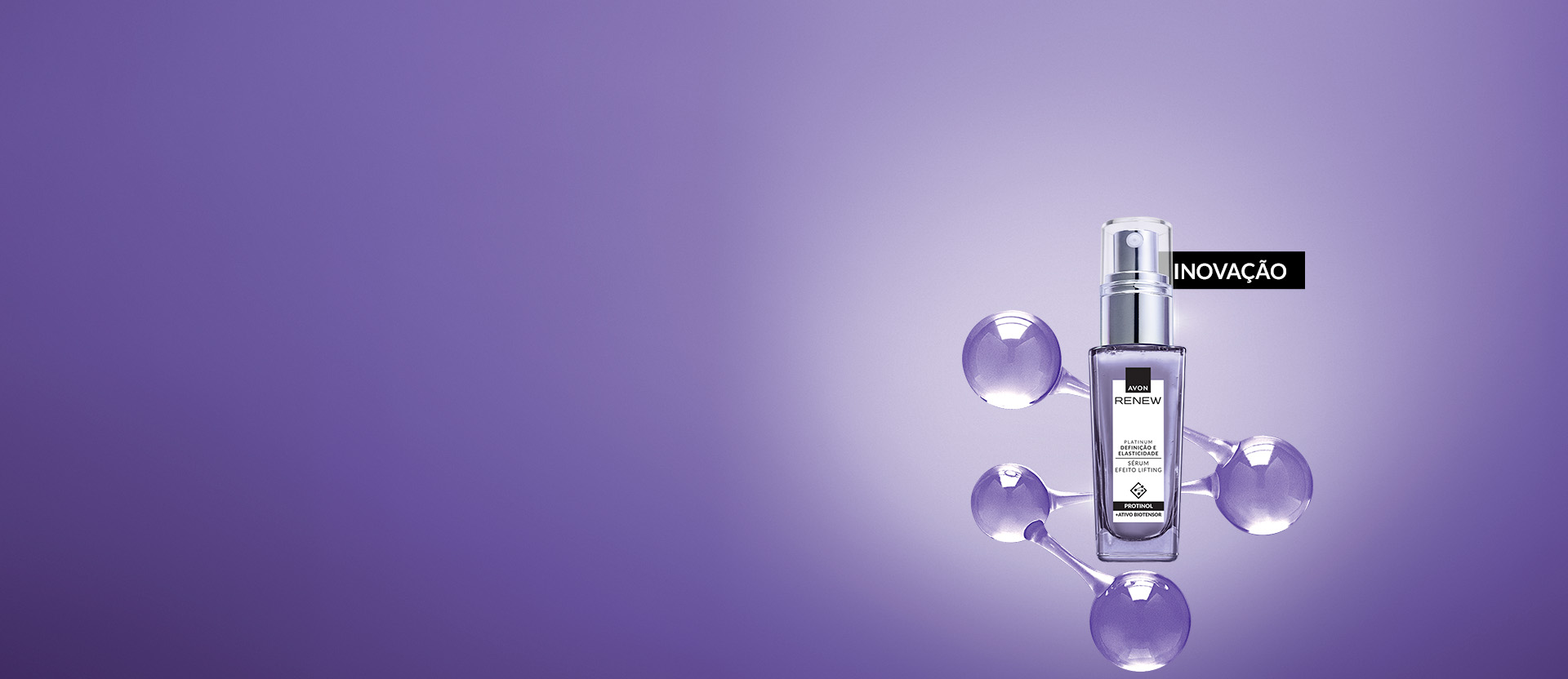 Renew Platinum Sérum Lift em fundo roxo com moléculas ao redor do produto e selo inovação.