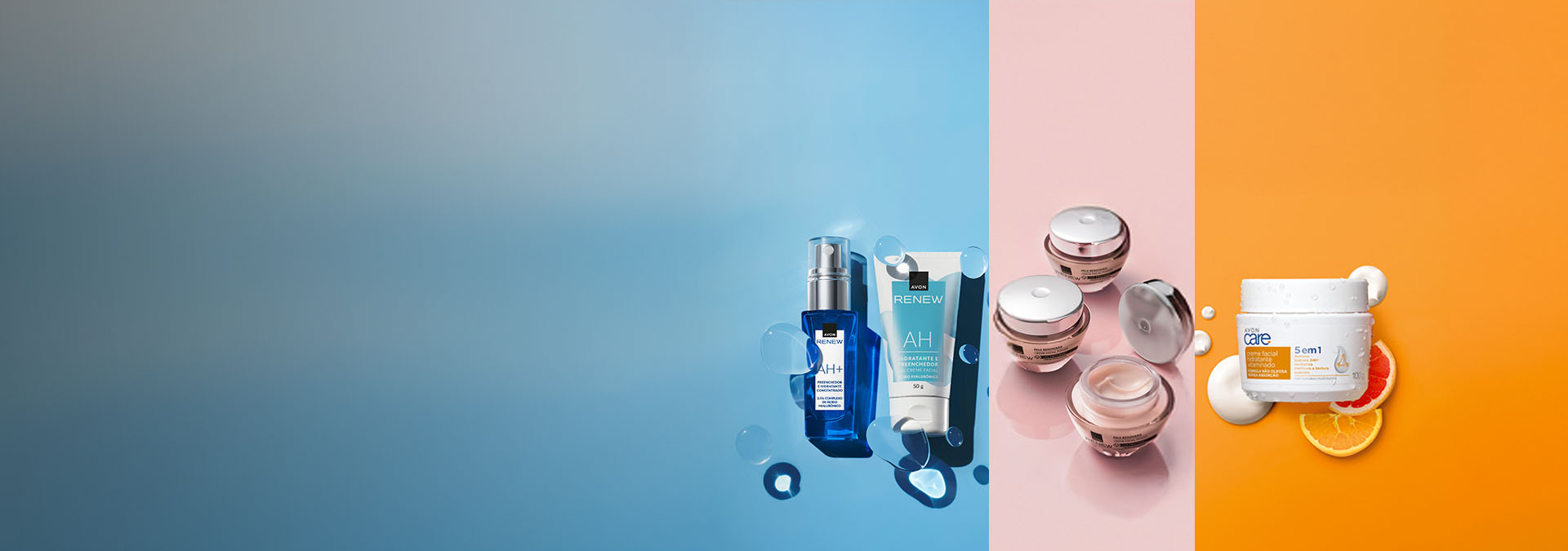 Banner com fundo em degradê azul, rosa e laranja. Elementos incluem produtos faciais, dispostos de forma atraente. Texto: "A Avon tem soluções para todos os tipos de pele. Sinta-se radiante!"