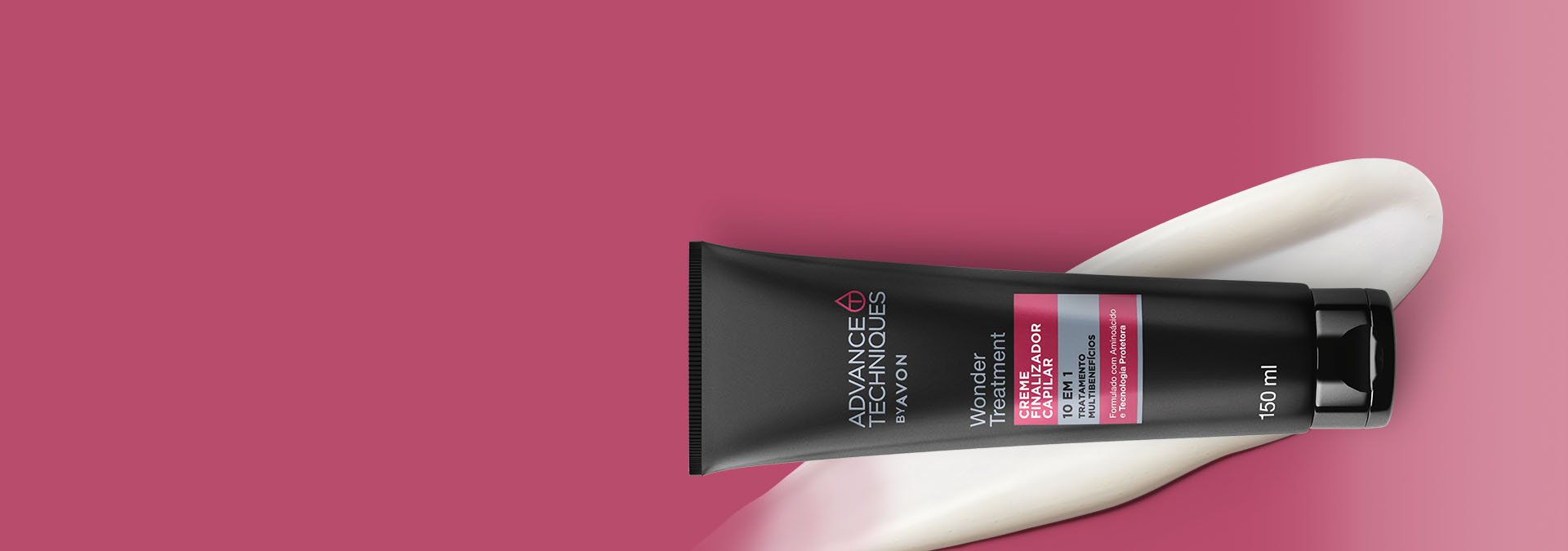 Banner em fundo rosa. Em destaque, um tubo preto de creme para pentear da linha Advance Techniques da Avon. Texto: "Creme para pentear. Cachos definidos e hidratados? Seu cabelo merece!"