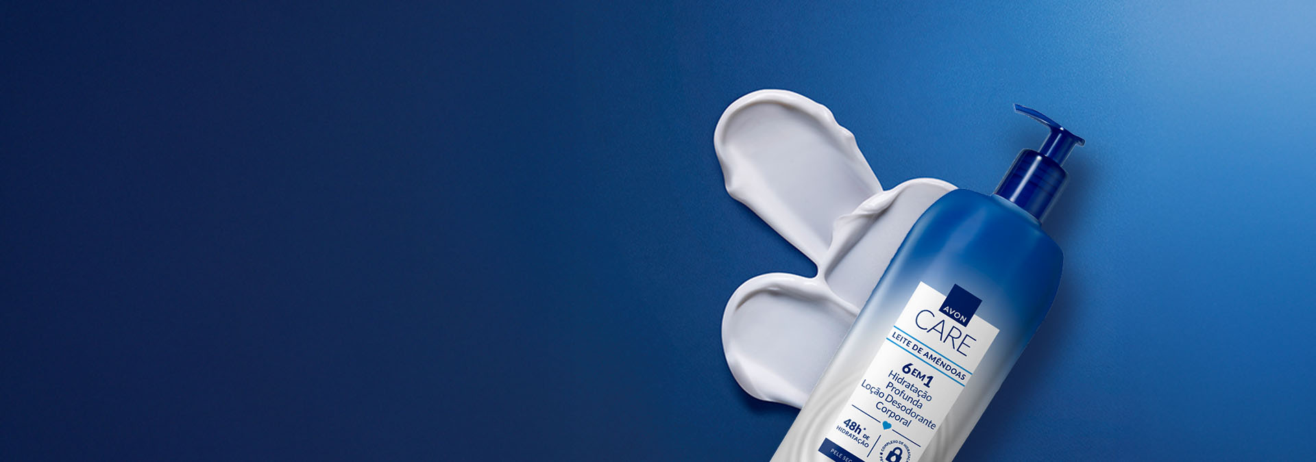 Banner com fundo azul escuro. Elementos incluem um frasco de loção corporal Avon e creme espalhado ao lado. Produtos promovem cuidados diários. Texto: "Seu bem-estar começa aqui com a Avon!"