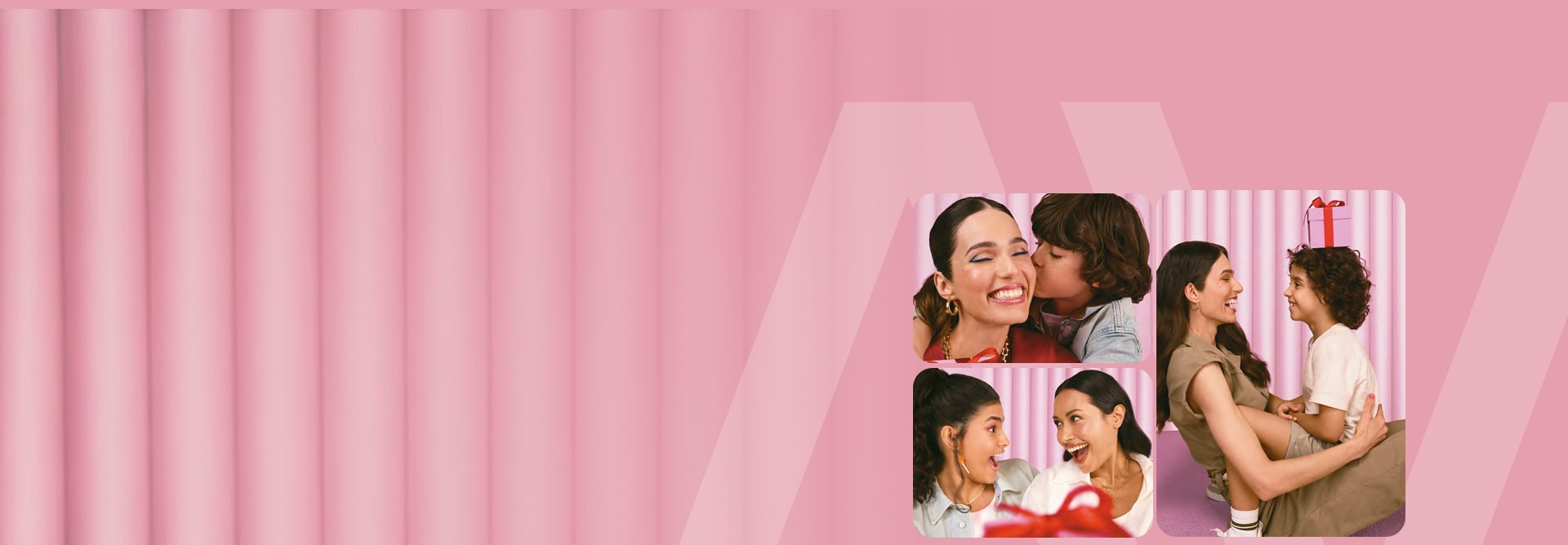 Três cenas de afeto com mulheres e crianças brancas sorrindo e interagindo com presentes. Fundo rosa com listras verticais. Color Trend Coffee Date: Multi Stick, Paleta de Sombras, Batom e Esmaltes, com selo “Lançamento”. Fundo marrom.