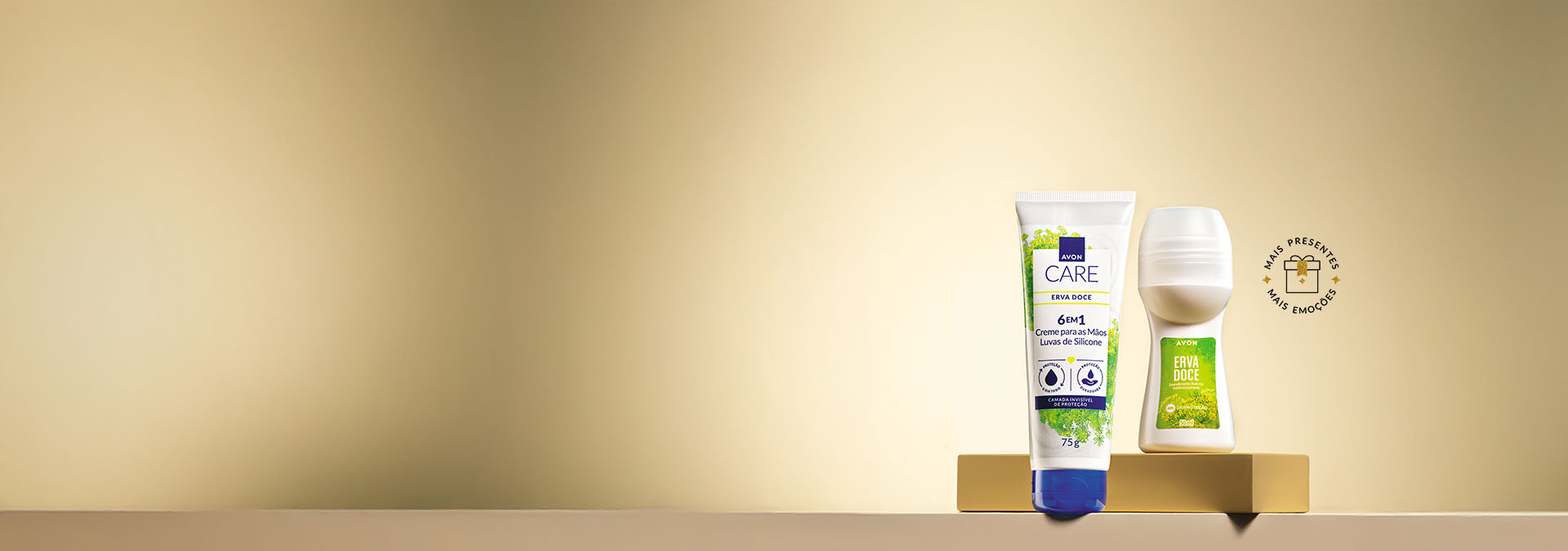 Banner com fundo dourado. Elementos incluem creme para mãos Avon Care e desodorante roll-on Erva Doce sobre uma base dourada. Texto: "Lembrancinhas perfeitas com qualidade e preços incríveis.