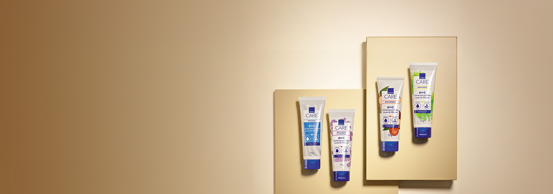 Banner com fundo em bege, apresenta quatro cremes para as mãos da linha Avon Care, em embalagens diferentes. Texto: "Cuidados com as mãos, hidrate e proteja sua pele delicada todos os dias."