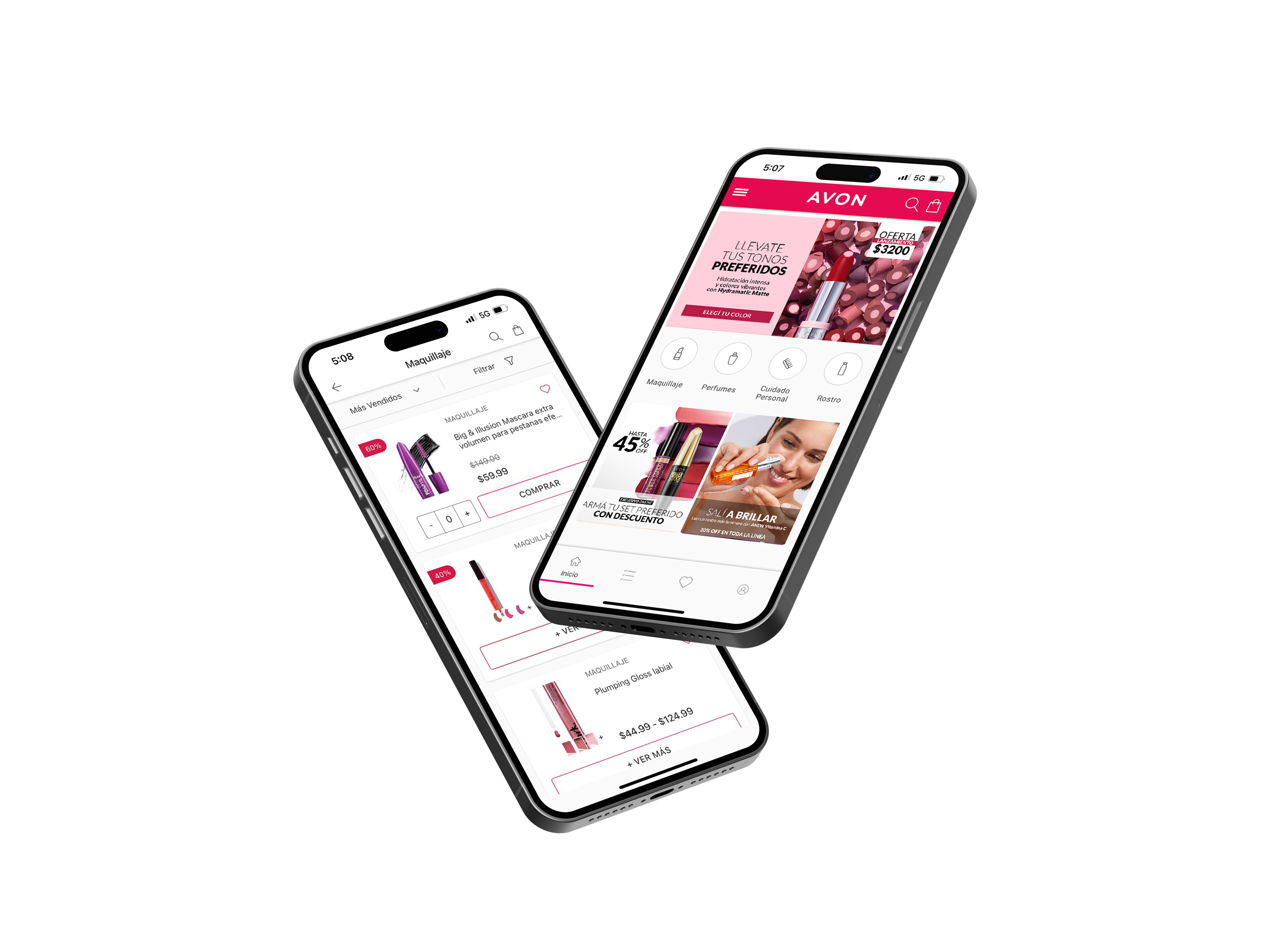 Banner que presenta un celular mostrando la app de Avon. El texto invita a descargar la app para elegir y comprar con descuentos. 